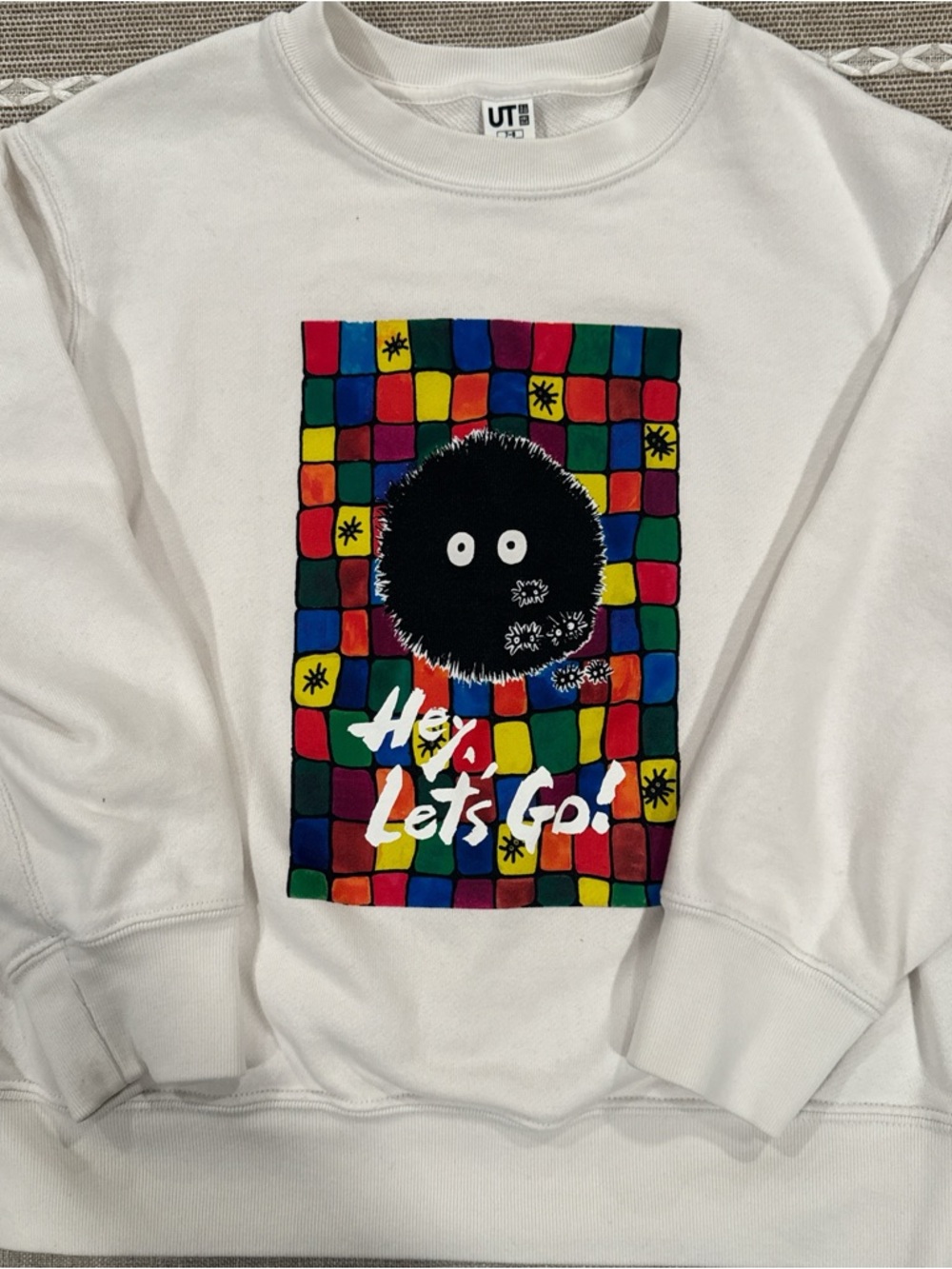 Uniqlo White Graphic Sweatshirt with Multicolor Tile Motif, Studio Ghibli